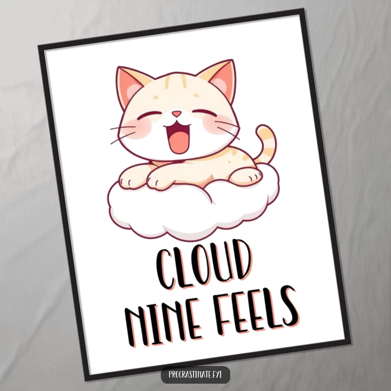 Funny yawning cat poster featuring a cute, kawaii cat on a cloud, letting out a gentle yawn, creating a peaceful cartoon atmosphere.