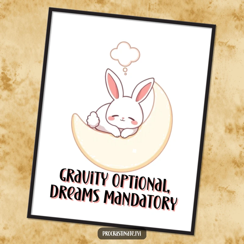 Funny bunny poster showcasing a smiling bunny sleeping peacefully on a soft moon, with a dream bubble adding to the serene, magical theme.