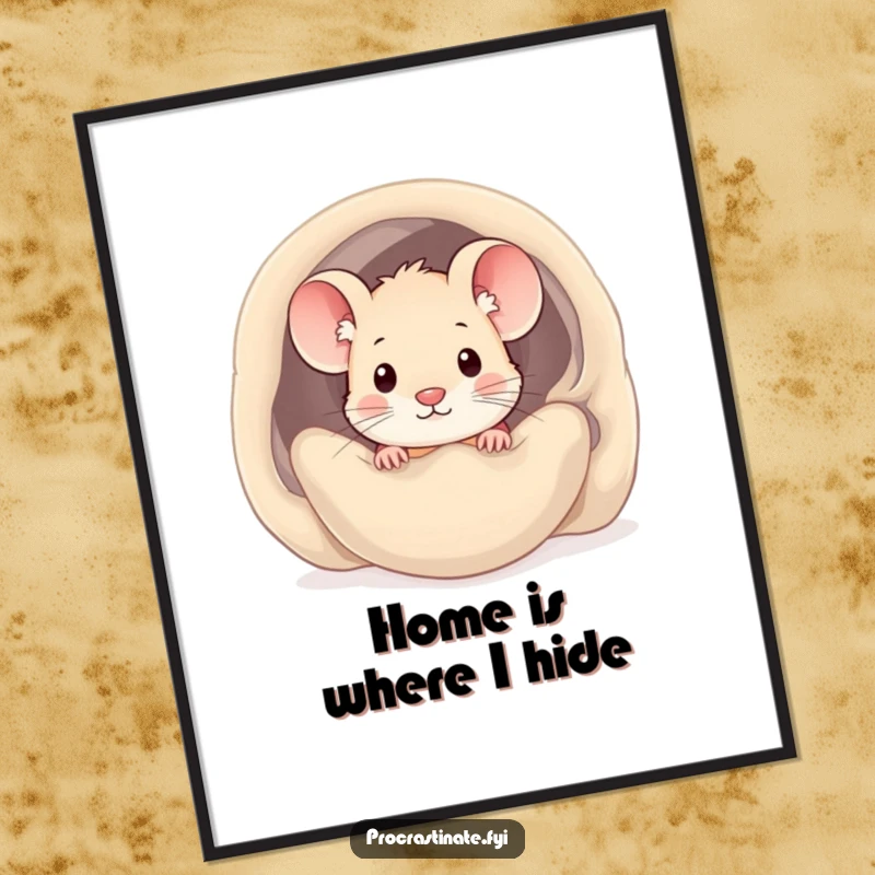 Funny kawaii mouse poster depicting a cute mouse peeking out from under a cozy blanket, adding warmth and humor to decor.