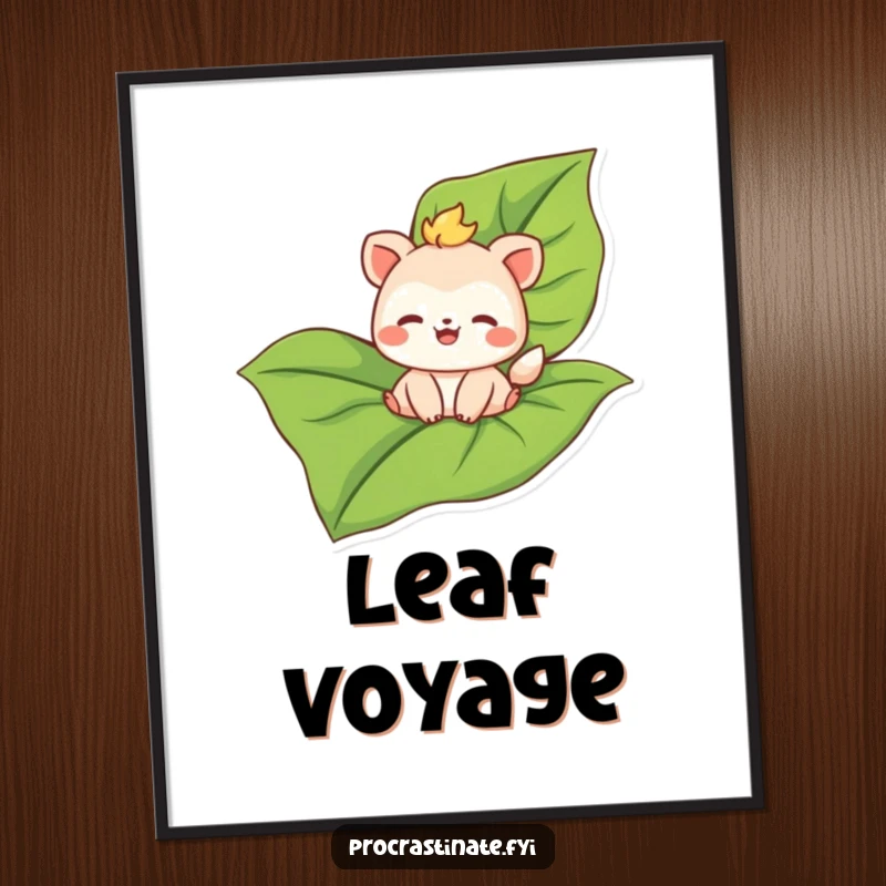 Funny poster featuring a joyful animal character happily floating on a large, oversized leaf, evoking peace and wonder.