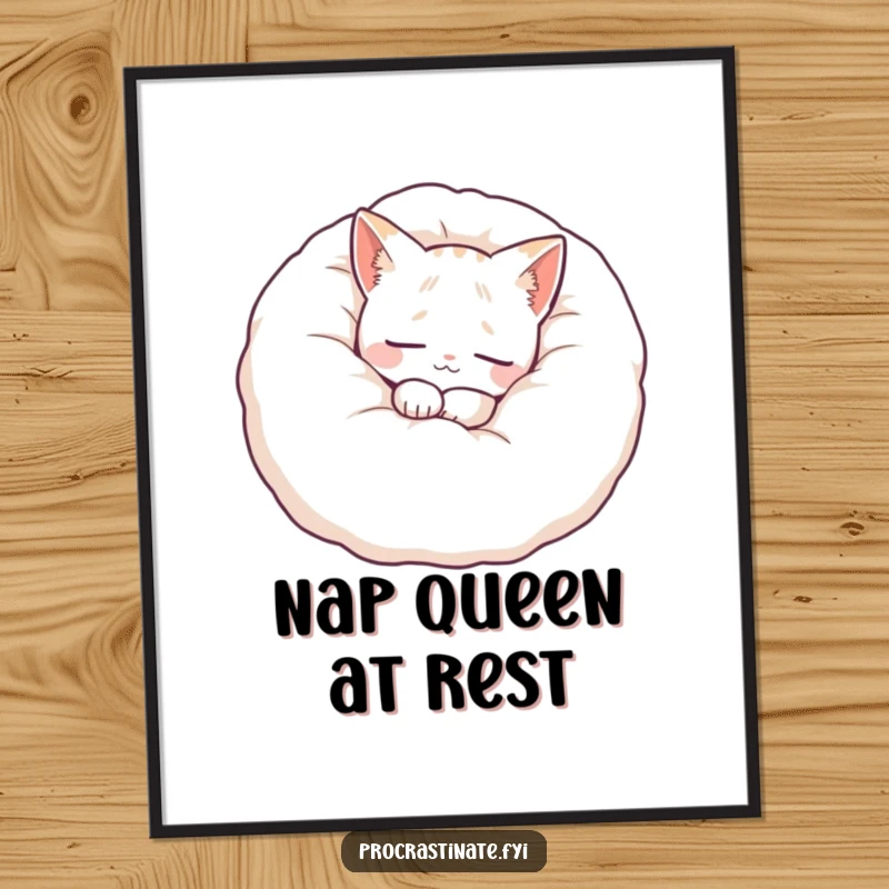 Funny cat pillow poster displaying a content feline peacefully curled up within a giant fluffy pillow, ideal for serene home decor.