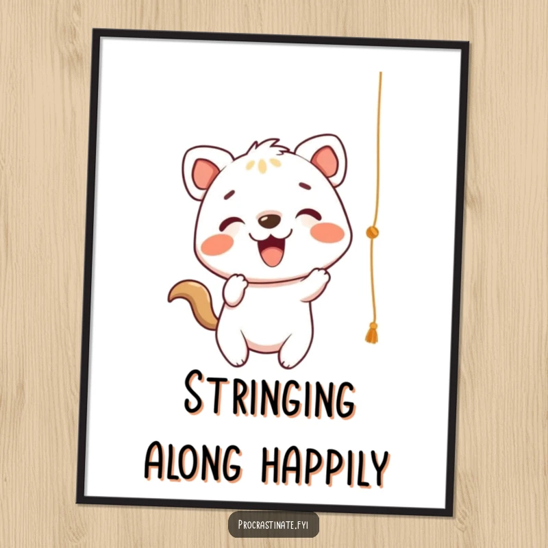Funny Poster art of a cheerful animal character energetically batting at a dangling string, adding playful charm to any space.