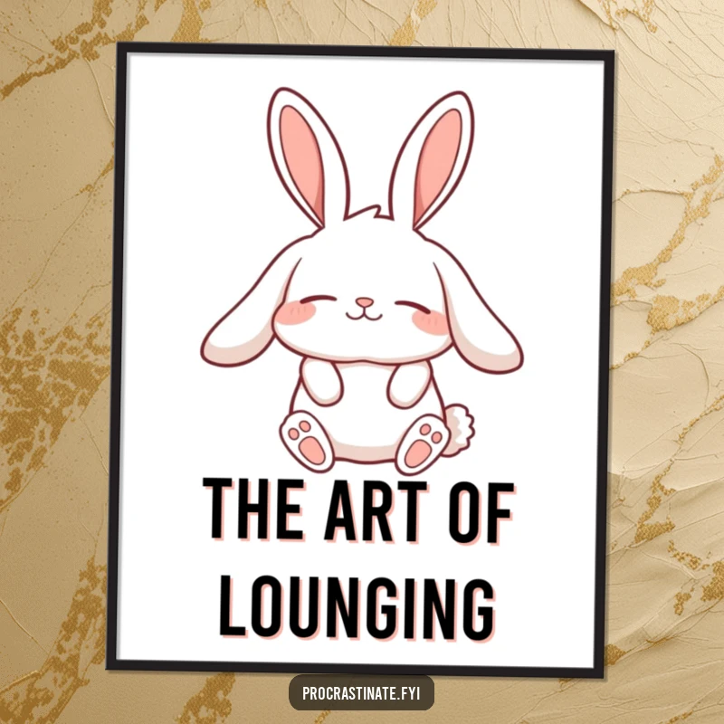 Funny lazy rabbit poster featuring a character with long, relaxed ears stretching slowly, ideal for creating a peaceful and humorous atmosphere.