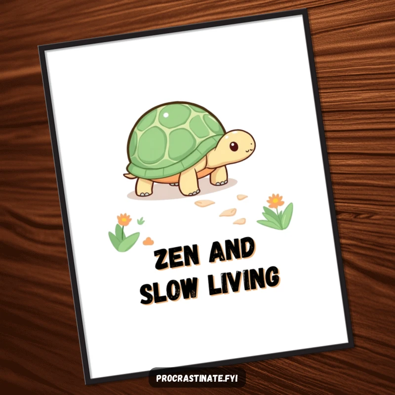 Funny kawaii turtle poster depicting a cute turtle slowly inching along a path, inspiring calm and mindful decoration.