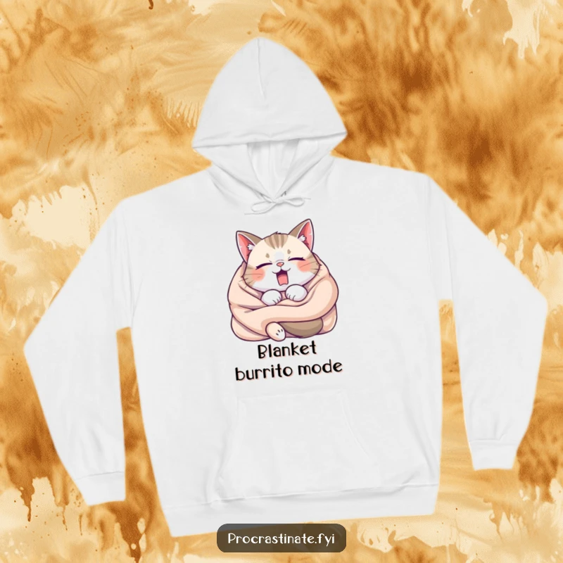 Funny Sleepy Cat Yawning Hoodie, a cat entangled in a blanket, ideal for warm, humorous, and supremely cozy wear.