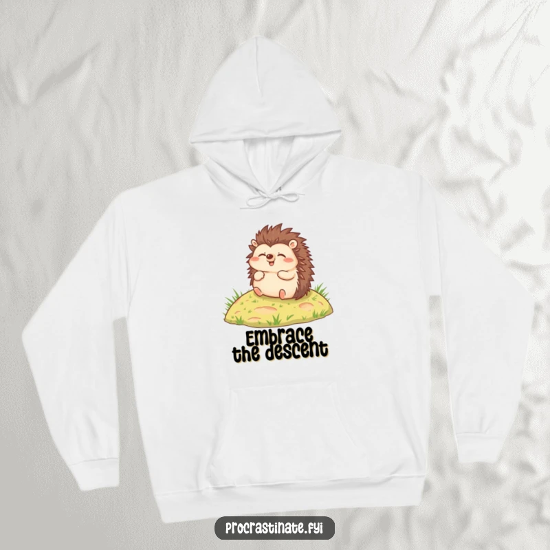 Funny hoodie featuring a joyful hedgehog rolling slowly down a grassy hill, embodying relaxation and carefree fun.