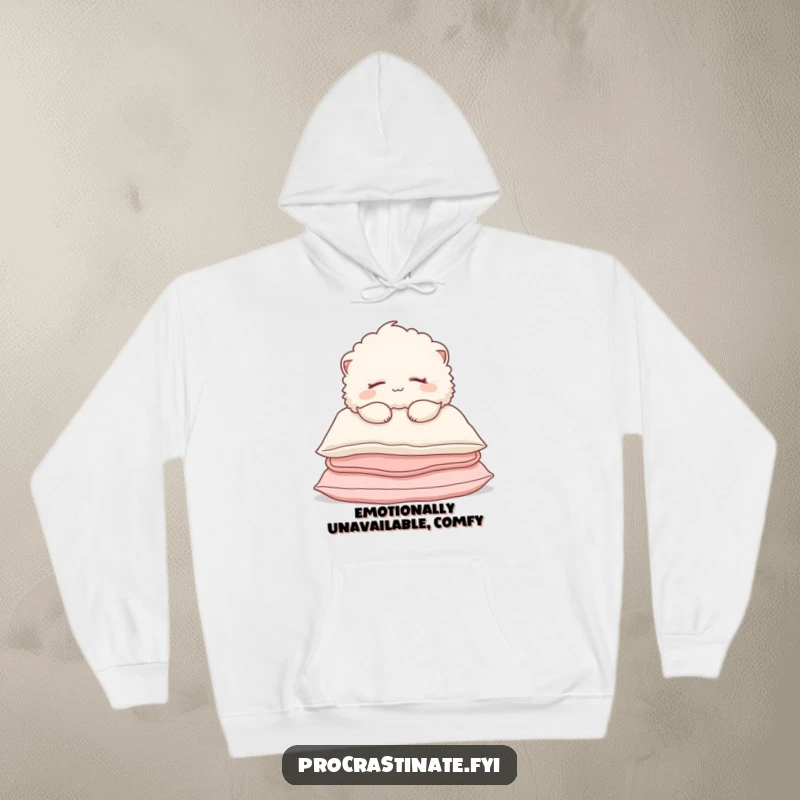 Funny Hoodie showcasing a fluffy creature peacefully sleeping on a pile of pillows, radiating comfort and a soft smile.