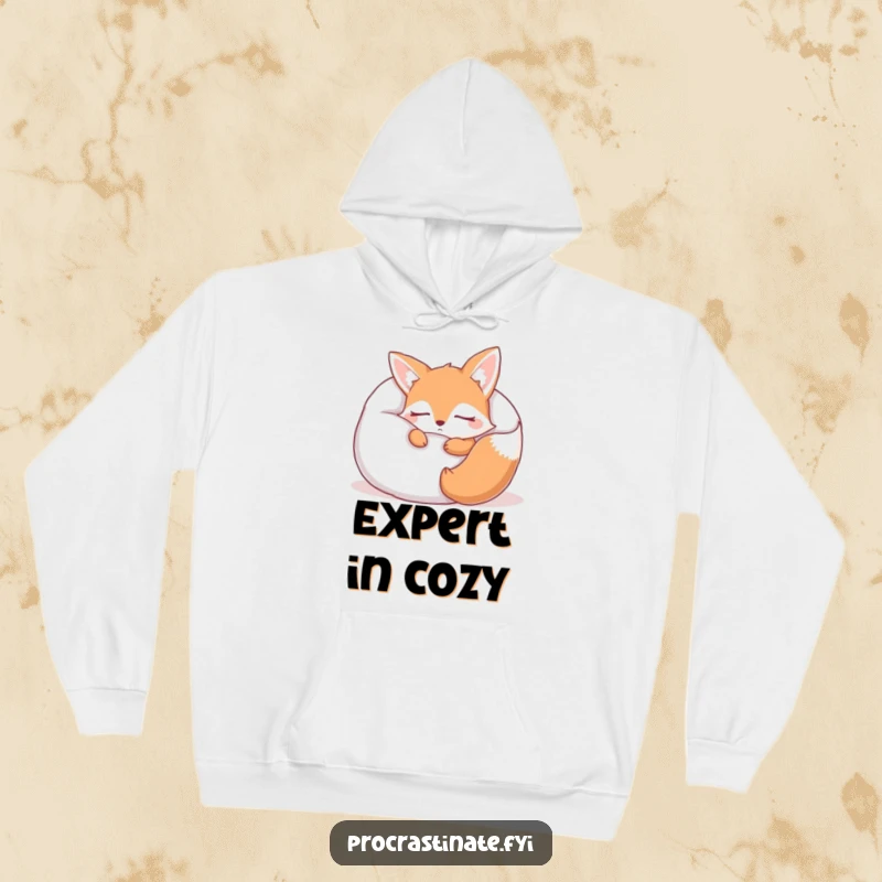 Funny sleepy fox hoodie featuring a cute fox character blissfully sleeping, completely snuggled inside a gigantic, soft pillow. Pure comfort.