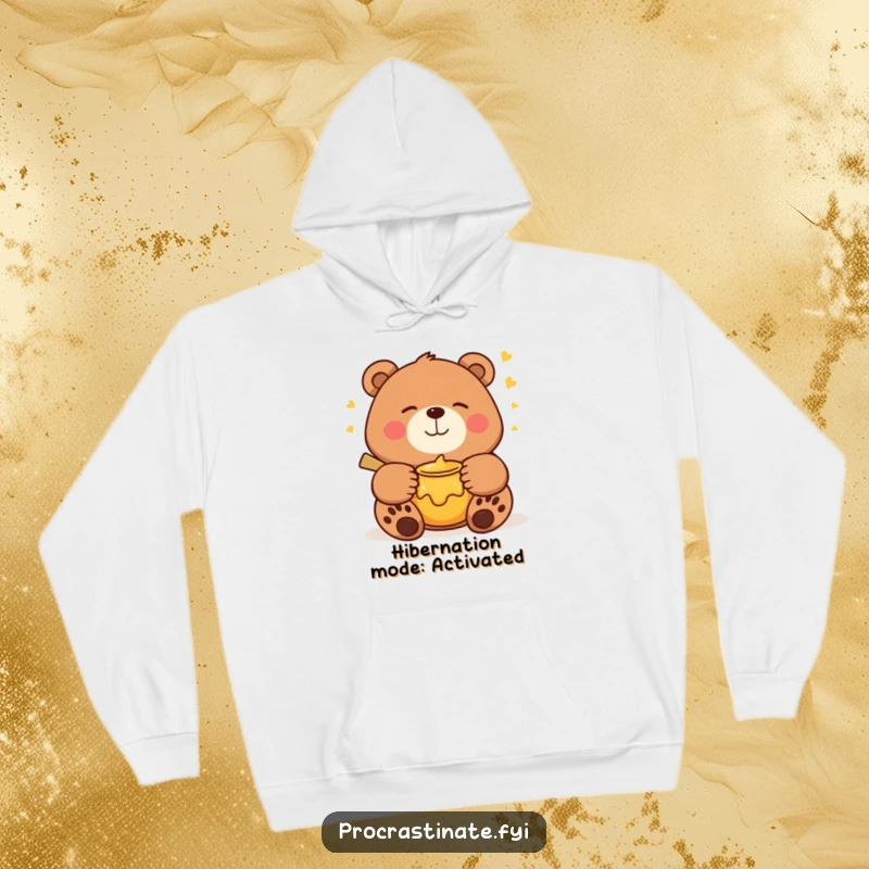 Funny bear hoodie showing a smiling bear napping with a honey pot, perfect for cozy days and sweet, funny dreams.