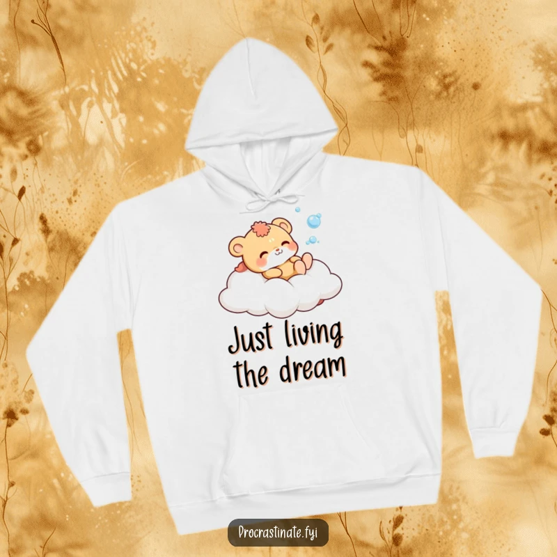 Funny Hoodie displaying a cute animal character on a cloud, happily blowing bubbles, radiating comfort and playful energy.