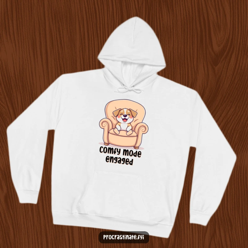 Funny hoodie featuring a cheerful dog sighing happily while sinking into a giant, comfy armchair, embodying ultimate relaxation.