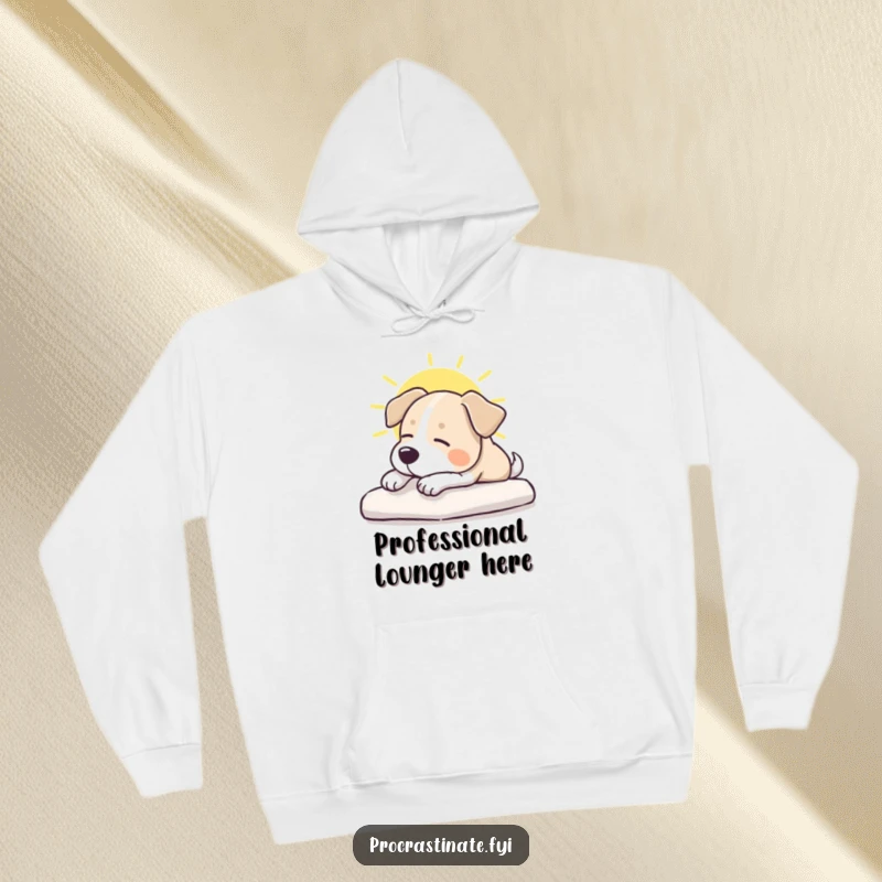 Funny dog hoodie depicting a serene dog stretching happily in a radiant sunbeam, capturing ultimate relaxation and pet humor.