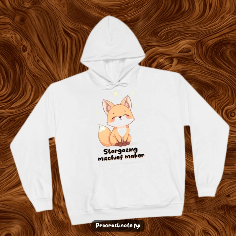 Funny fox hoodie featuring a mellow fox gazing dreamily at a starry sky, perfect for cozy nights and whimsical adventures.
