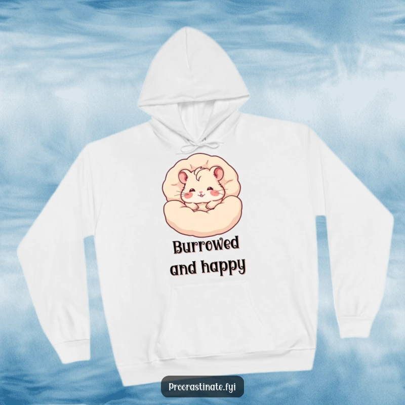 Funny hamster hoodie showing a content hamster burrowed deep within a pile of fluffy pillows, a warm and humorous garment.