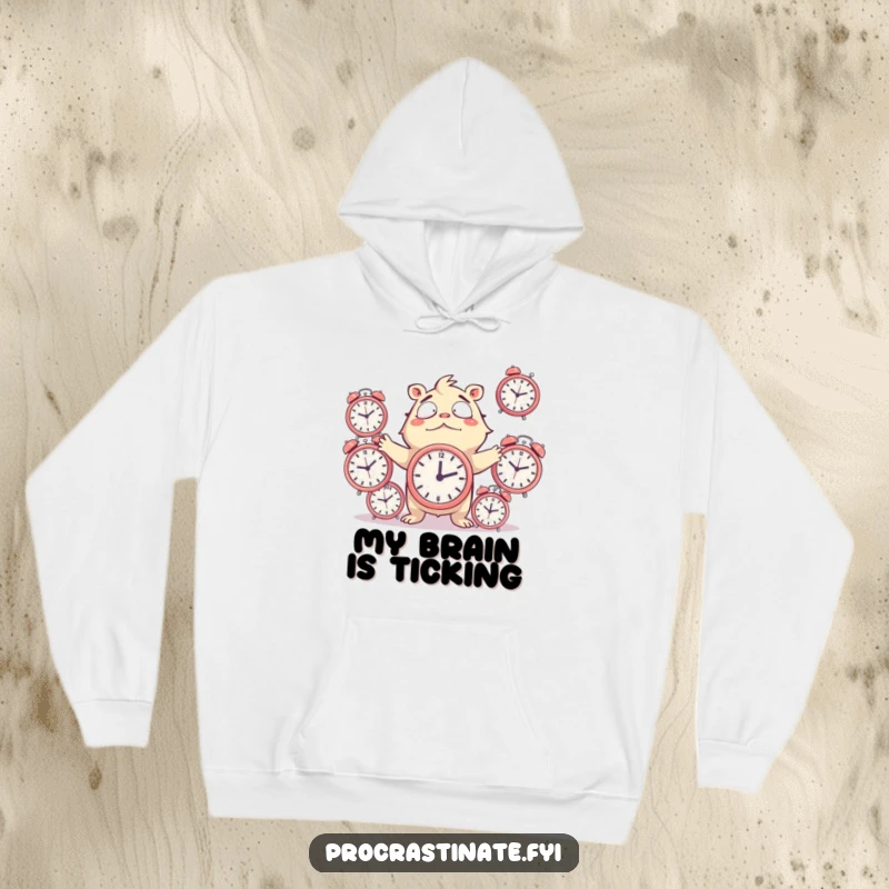 Funny Hoodie showcasing a creature comically juggling ticking alarm clocks, looking stressed but with a hint of amusement.