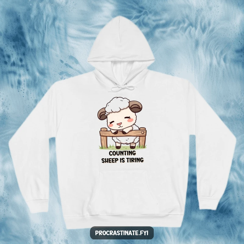 Funny kawaii sheep hoodie featuring a cute sheep gently nodding off while leaning on a fence, offering warmth and calm.