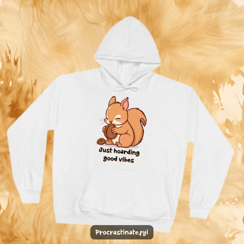 Funny kawaii squirrel hoodie showing a cute squirrel happily munching on a nut, perfect for cozy and humorous wear.