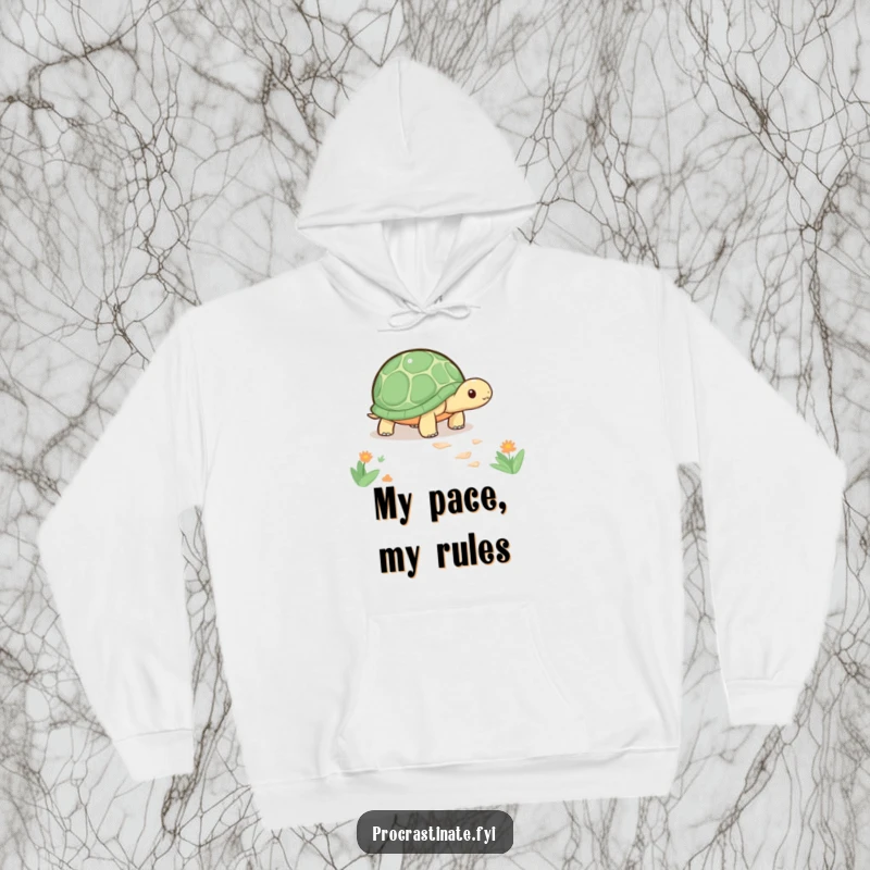 Funny kawaii turtle hoodie with a cute turtle slowly inching along a path, offering warmth and a message of patience.