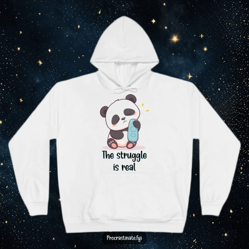 Funny hoodie depicting a sleepy panda intensely trying to reach a remote control, embodying the struggle for ultimate laziness.
