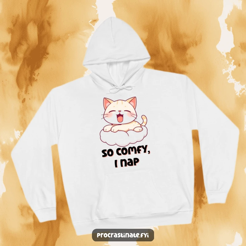 Funny yawning cat hoodie depicting a cute, kawaii cat lounging on a cloud, embodying ultimate relaxation and sleepy cartoon charm.