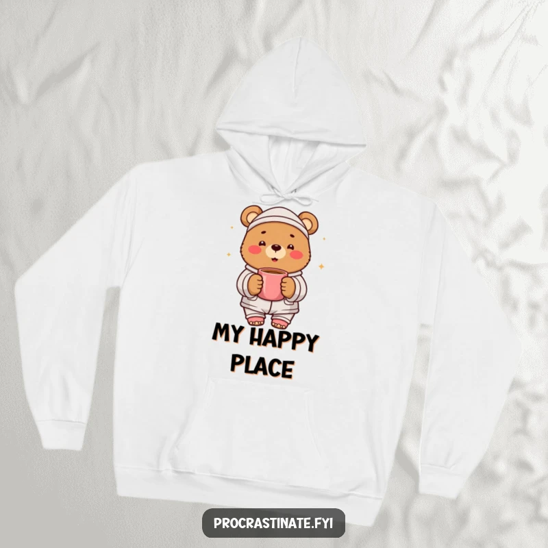 Funny cheerful bear pajama hoodie featuring a happy bear character in cozy pajamas, holding a warm mug. Ultimate comfort wear.