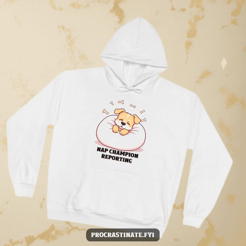 Funny dog hoodie depicting a relaxed dog lounging on a giant pillow, dreaming of bones, a warm and humorous gift.