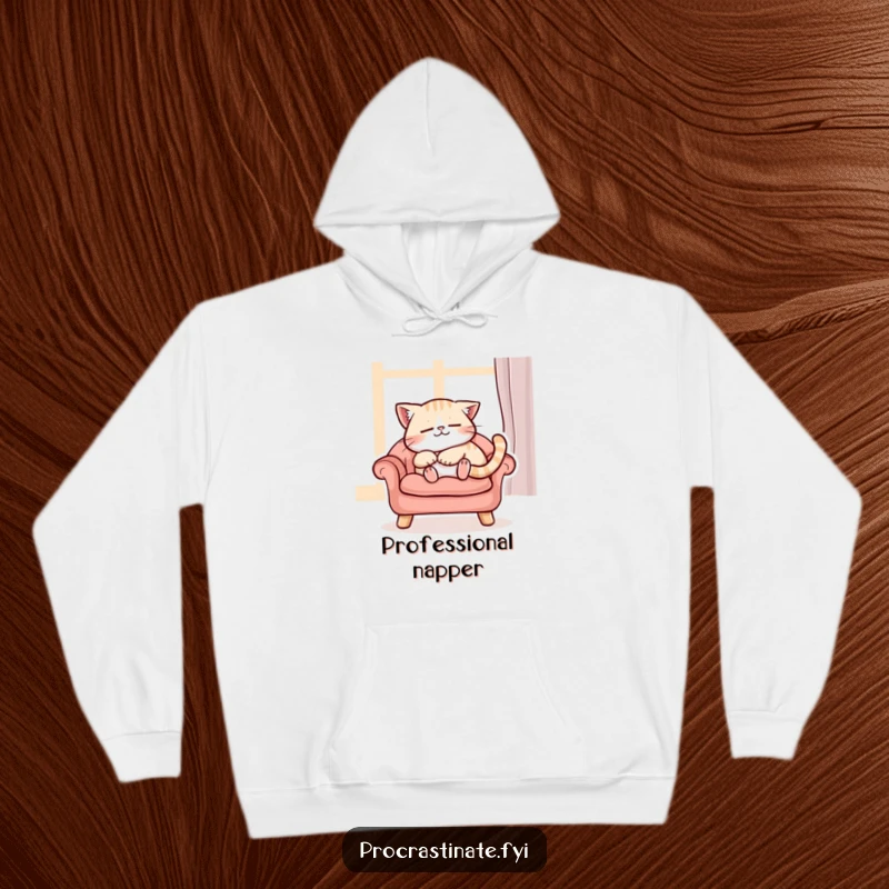 Funny content cat character purring while napping peacefully on a cushioned chair, a warm and funny hoodie for relaxation.