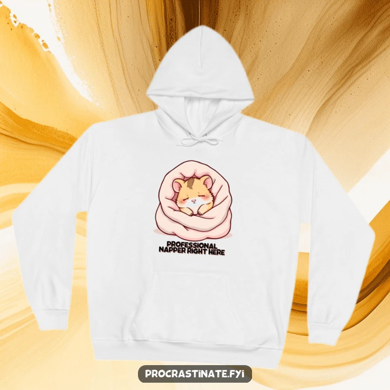Funny kawaii hamster napping soundly within a pile of plush blankets, designed for ultimate comfort on a hoodie.