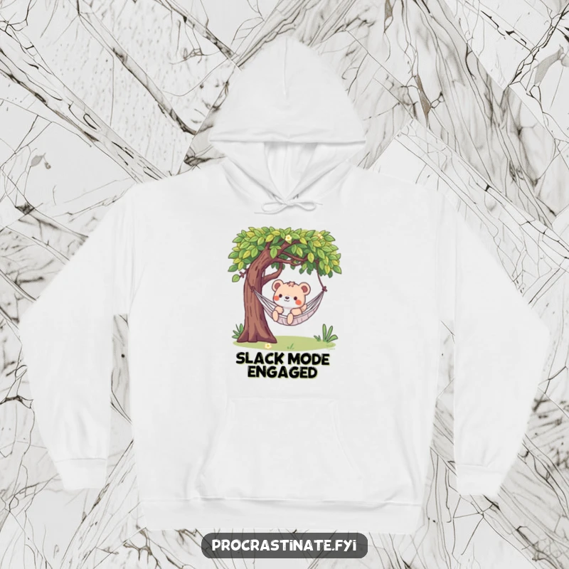 Funny hoodie depicting a playful animal character blissfully swinging in a hammock beneath a large, leafy tree.