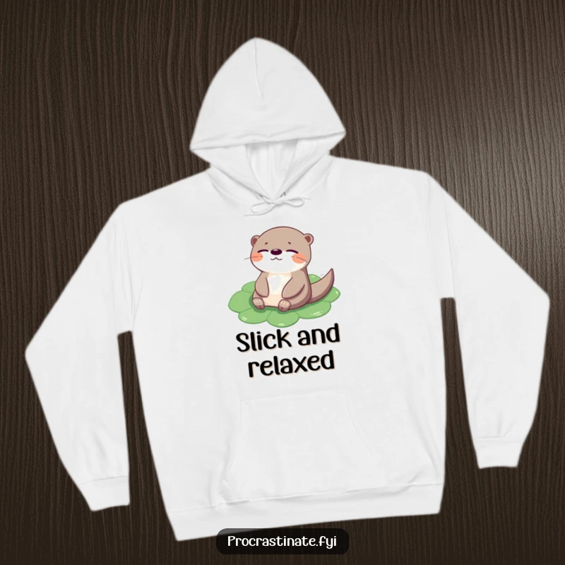 Funny otter hoodie print of a cheerful creature blissfully floating on a lily pad, eyes closed in serene comfort.