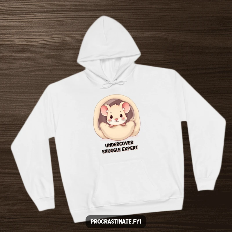 Funny kawaii mouse hoodie featuring a cute mouse peeking out from under a cozy blanket, offering maximum warmth and cuteness.