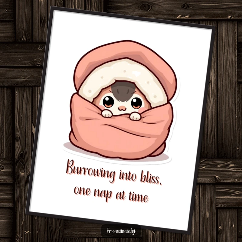 Funny Free Printable Wall Art of a cute, round creature peeking with only eyes from under a cozy blanket, a relatable vibe.
