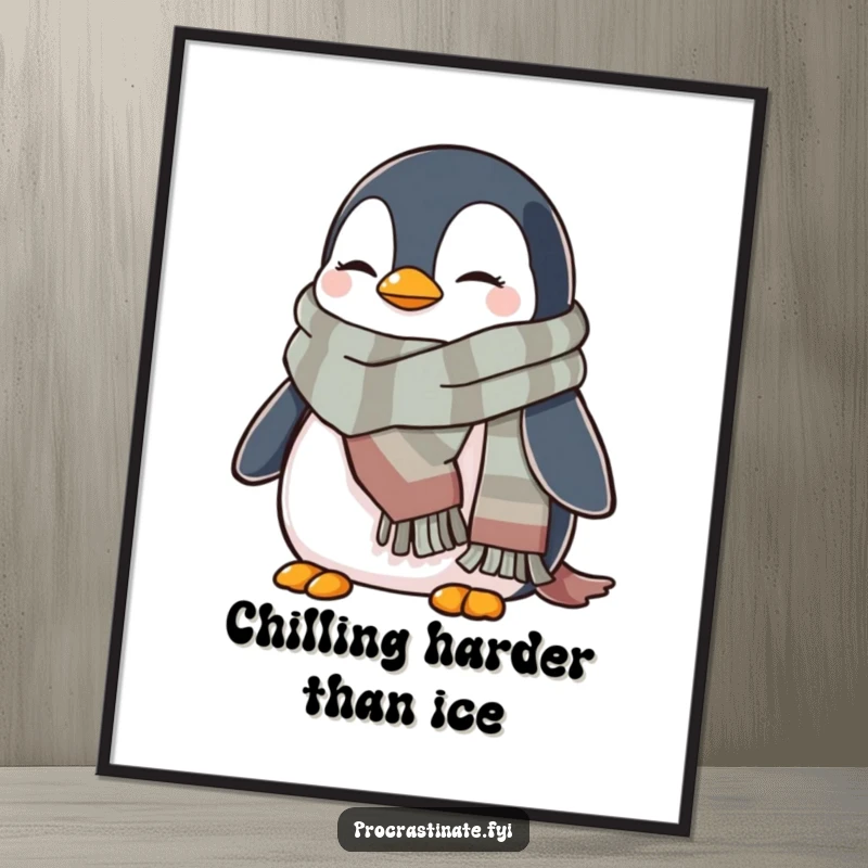 Funny Free Printable Wall Art: A relaxed penguin bundled in a cozy scarf, looking incredibly chill and stylish.