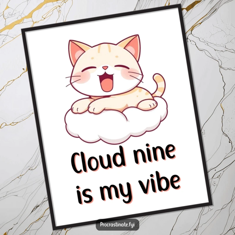 Funny Free Printable Kawaii Cat Wall Art: A cute cat yawning while stretched out on a fluffy cloud, radiating peace.