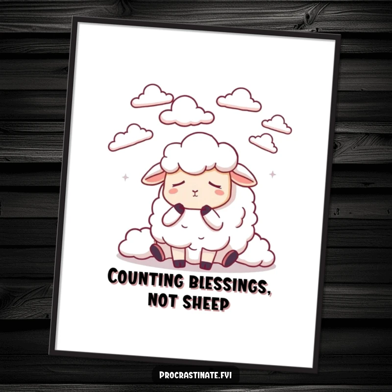 Funny free printable wall art of a dozing sheep counting fluffy clouds, bringing peaceful and humorous decor.
