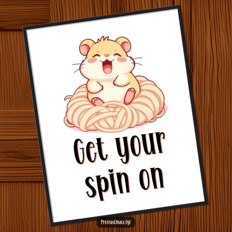 Funny free printable wall art: a happy hamster giggling uncontrollably while rolling in a soft, colorful yarn pile.