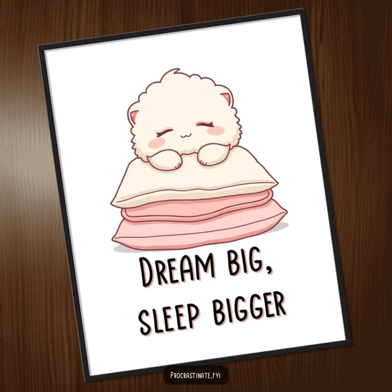 Funny Free Printable Cozy Creature Art: A fluffy being snoozing contentedly on a pile of pillows, radiating serenity.