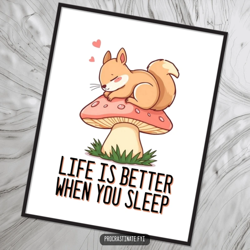 Funny Free Printable Wall Art: A dozing squirrel curls up peacefully on a giant mushroom cap, creating a serene woodland scene.