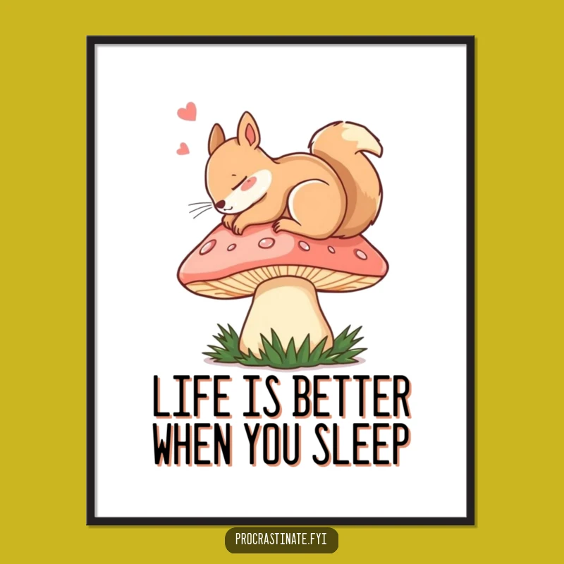 Free Printable Dozing Squirrel Art: Mushroom Nap Scene, Funny Downloadable Wall Decor