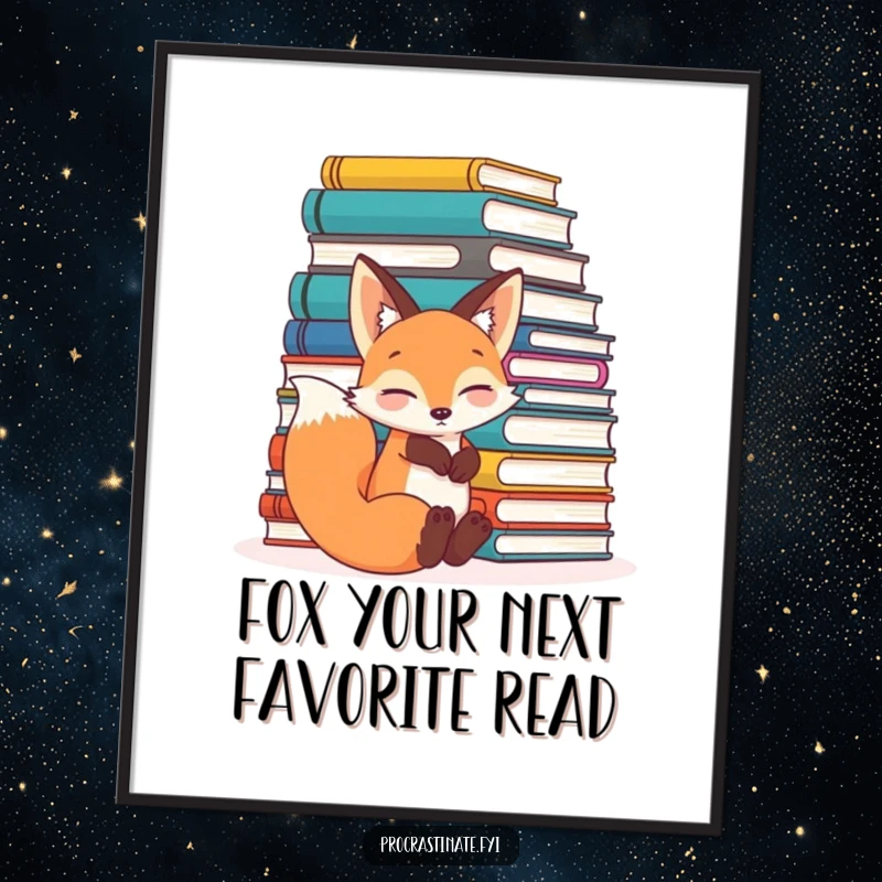Funny Free Printable Wall Art: A relaxed fox lounges against a massive pile of books, embodying cozy intellectualism with a humorous twist.
