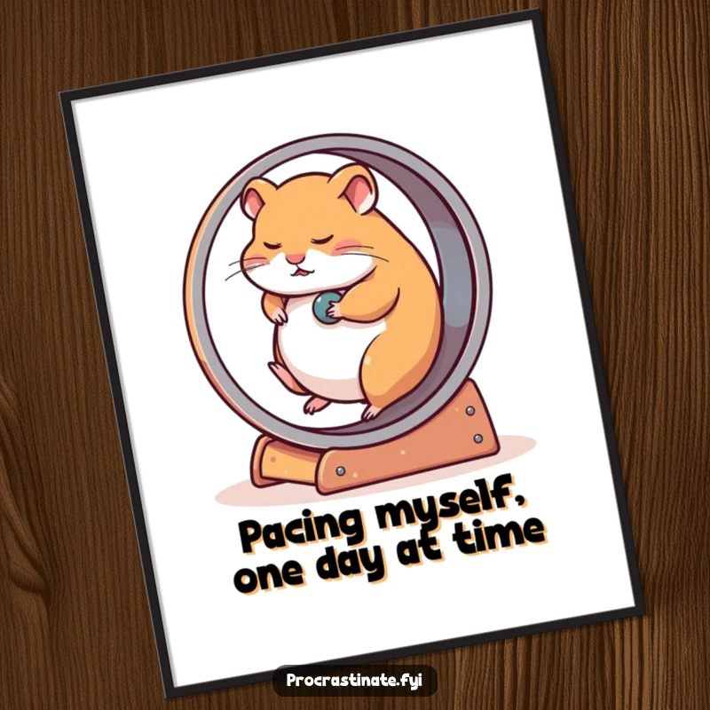 Funny free printable wall art: a tired hamster slowly rolling on an comically oversized wheel.