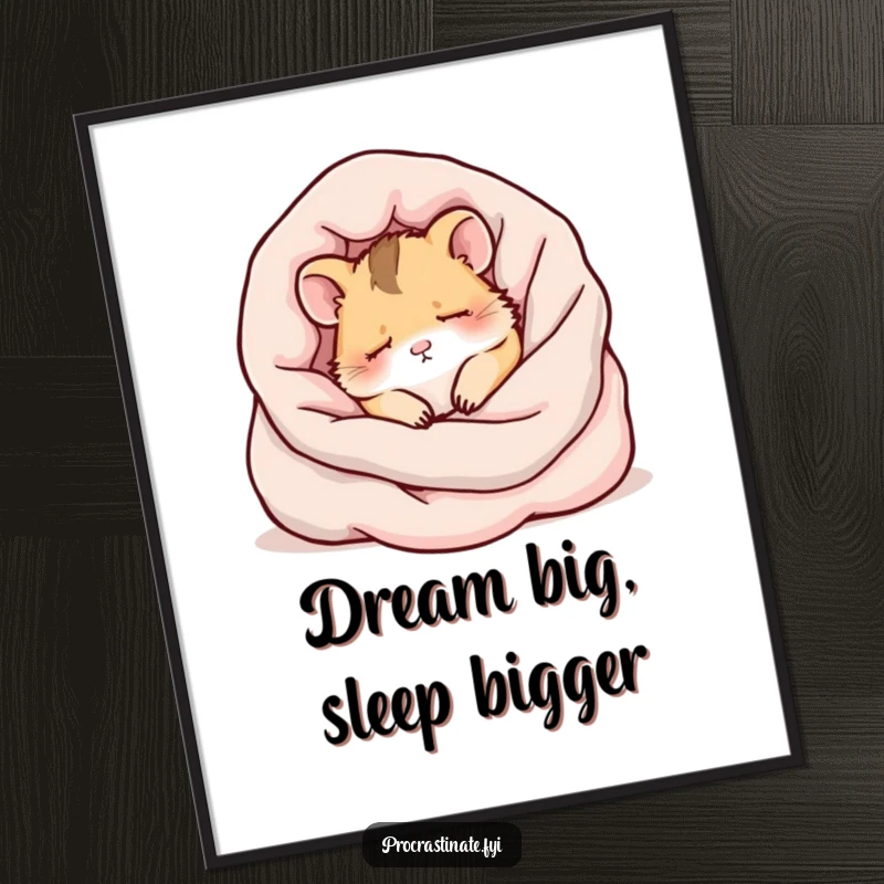 Funny Free Printable Wall Art showcasing a fluffy kawaii hamster sound asleep amidst soft blankets, radiating ultimate coziness and relaxation.