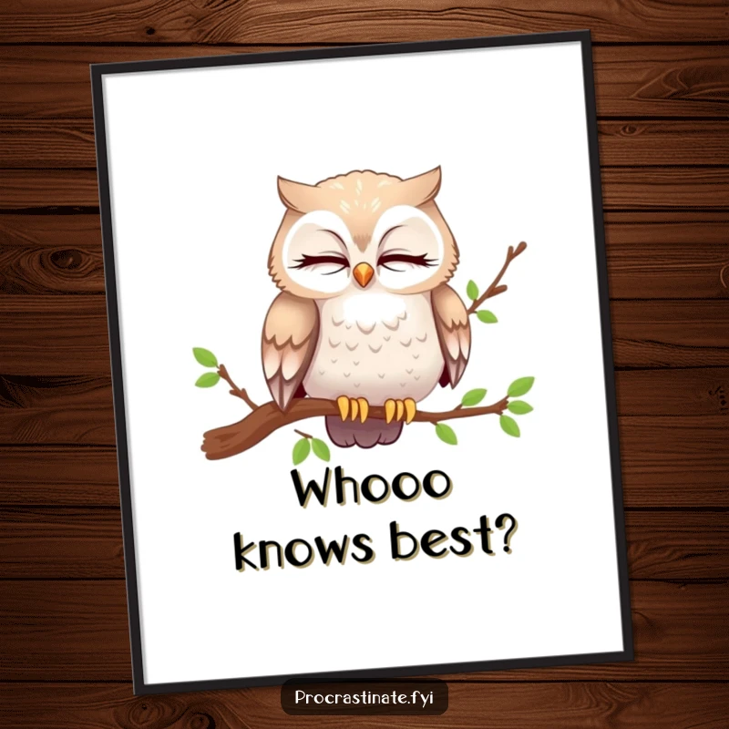 Funny Free Printable Owl Wall Art: Curious owl blinks slowly from cozy branch, embodying wisdom and observation.