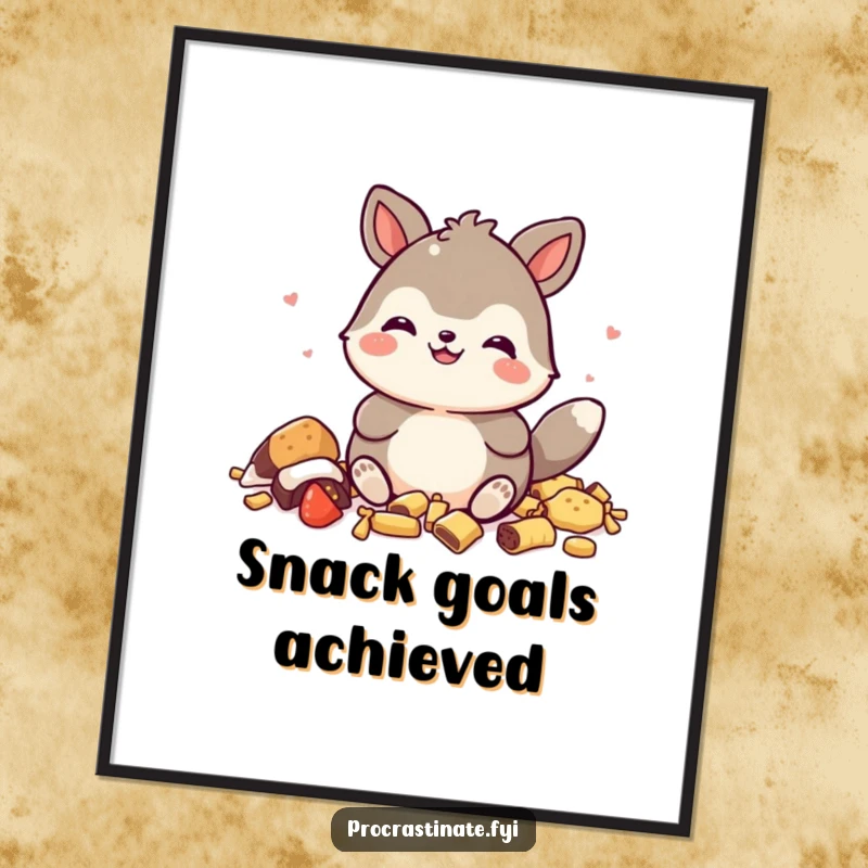 Funny Free Printable Wall Art: A gleeful animal sitting atop a mountain of snack wrappers, ruling their snack kingdom.