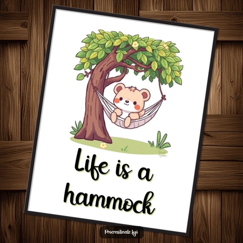 Funny Free Printable Wall Art: A playful animal leisurely swinging in a hammock beneath a lush green tree, exuding calm.