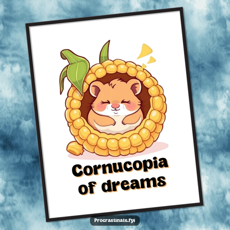 Funny free printable wall art of a happy hamster napping inside a giant corn cob, dreaming with a content smile, perfect for quirky decor.