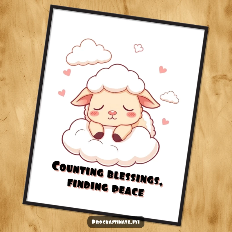 Funny Free Printable Wall Art: A contented sheep peacefully counting soft, fluffy clouds as it drifts off to sleep.