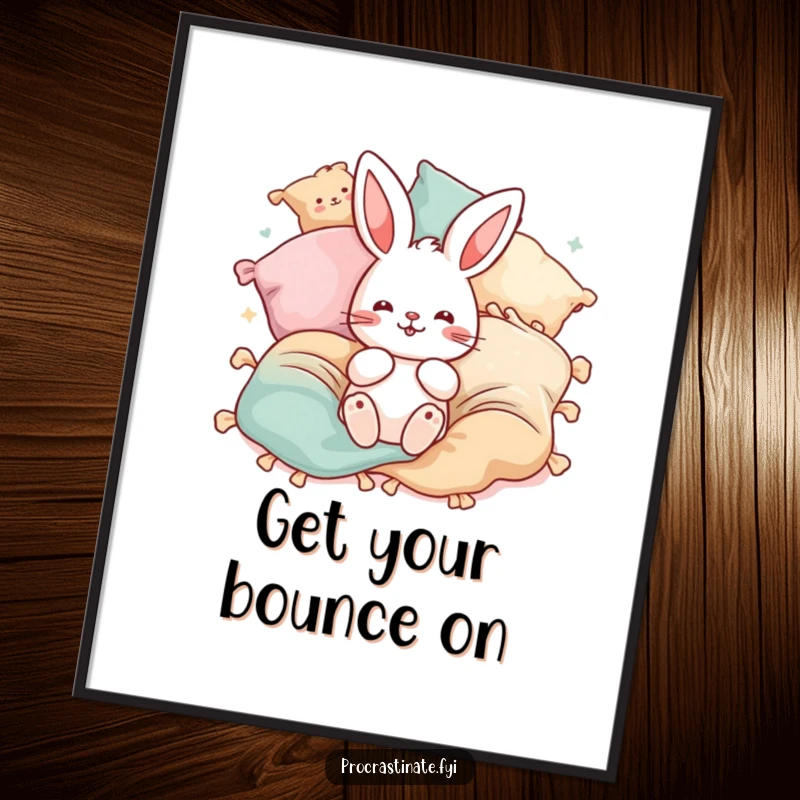 Funny Free Printable Wall Art of a playful bunny character energetically bouncing amidst a joyful explosion of blankets and pillows.