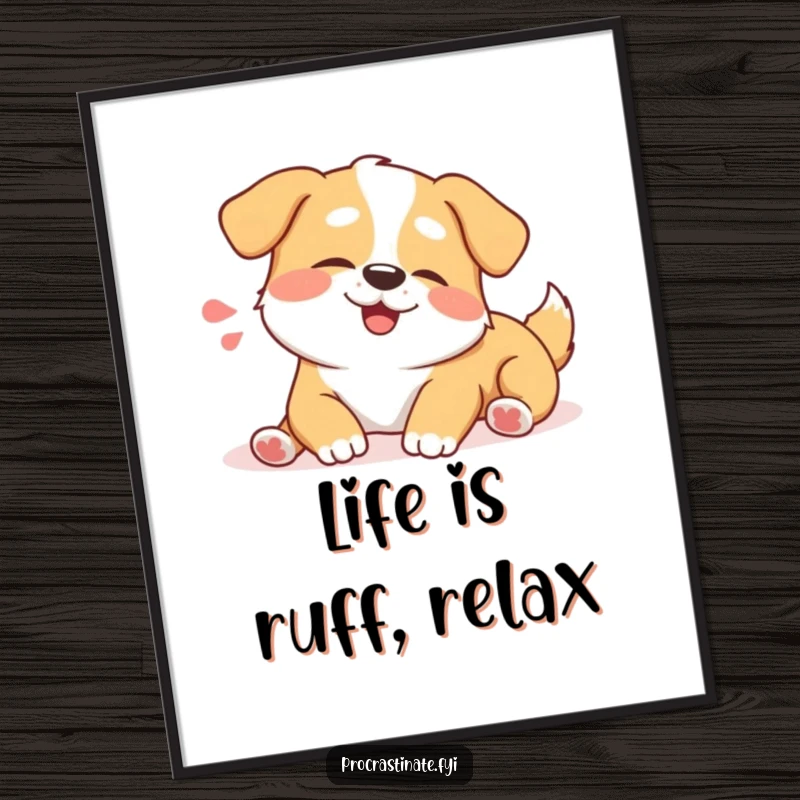 Funny Free Printable Wall Art of a happy dog character stretching lazily, letting out a big, contented sigh with eyes closed.