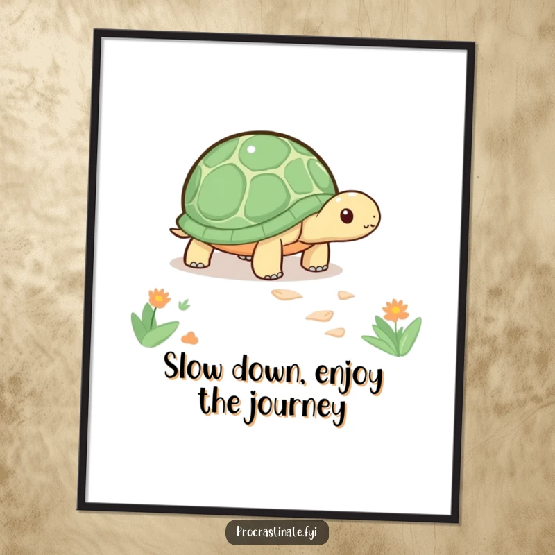 Funny Free Printable Wall Art: Adorable kawaii turtle slowly inching along a winding path, exuding peace and humor.